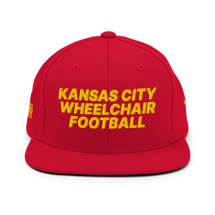 Front angle of the MAS Kansas City Wheelchair Football Red & Gold Flat Bill Snapback against a white background