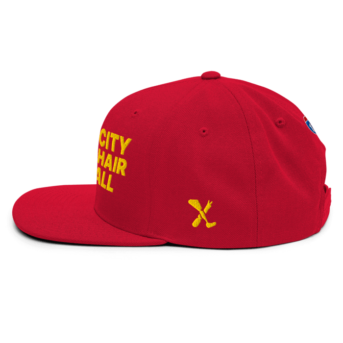 Left side angle of the MAS Kansas City Wheelchair Football Red & Gold Flat Bill Snapback against a white background