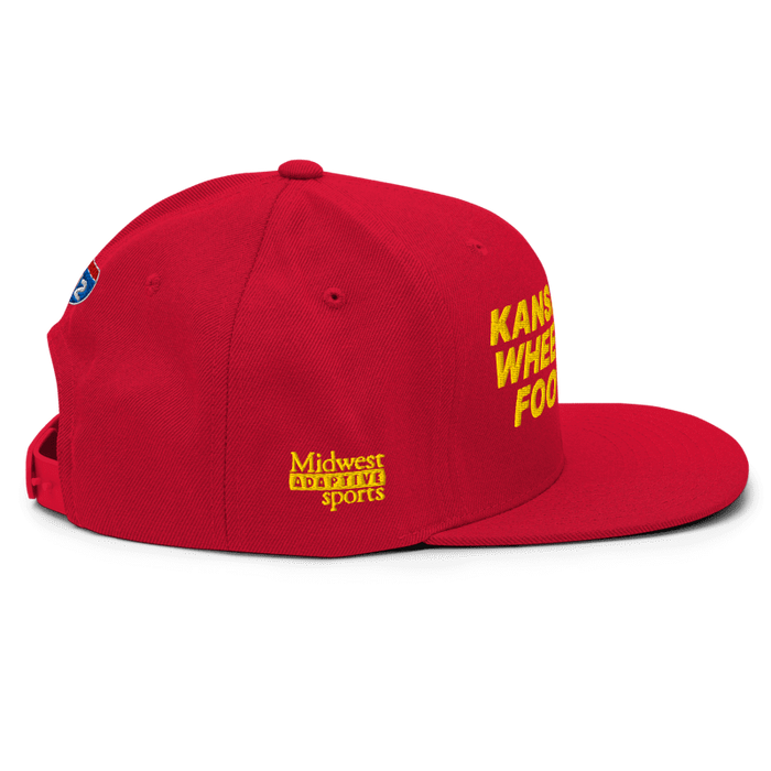 Right side angle of the MAS Kansas City Wheelchair Football Red & Gold Flat Bill Snapback against a white background