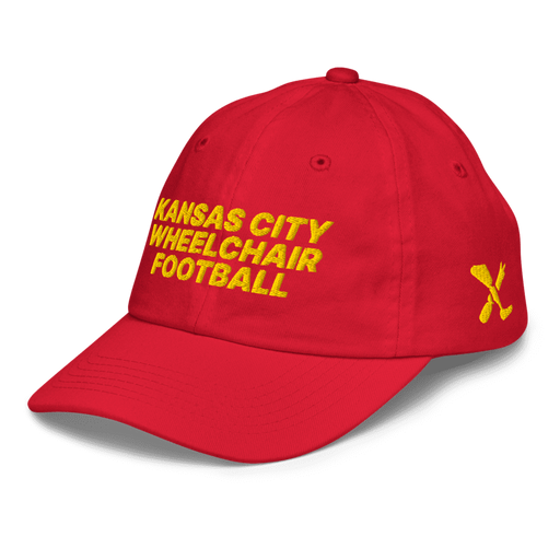 Front left angle of the MAS Kansas City Wheelchair Football Youth Red & Gold Dad Hat against a white background