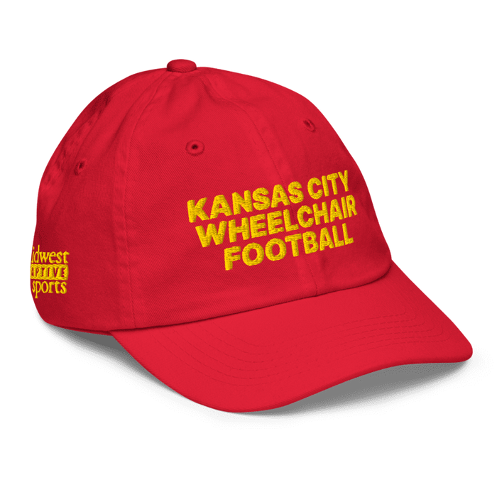Front right angle of the MAS Kansas City Wheelchair Football Youth Red & Gold Dad Hat against a white background