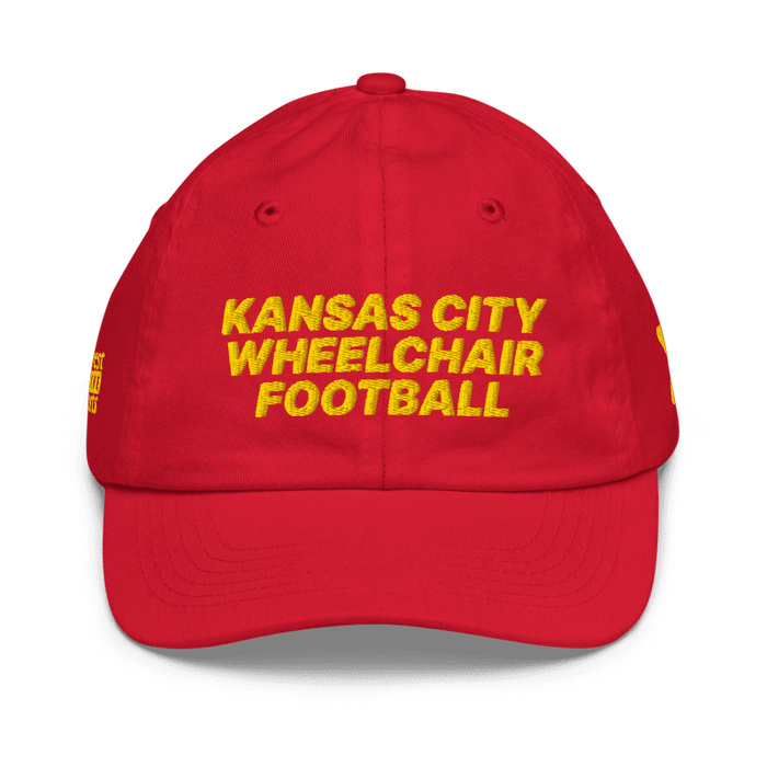 Front angle of the MAS Kansas City Wheelchair Football Youth Red & Gold Dad Hat against a white background