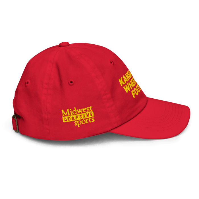 Right side angle of the MAS Kansas City Wheelchair Football Youth Red & Gold Dad Hat against a white background