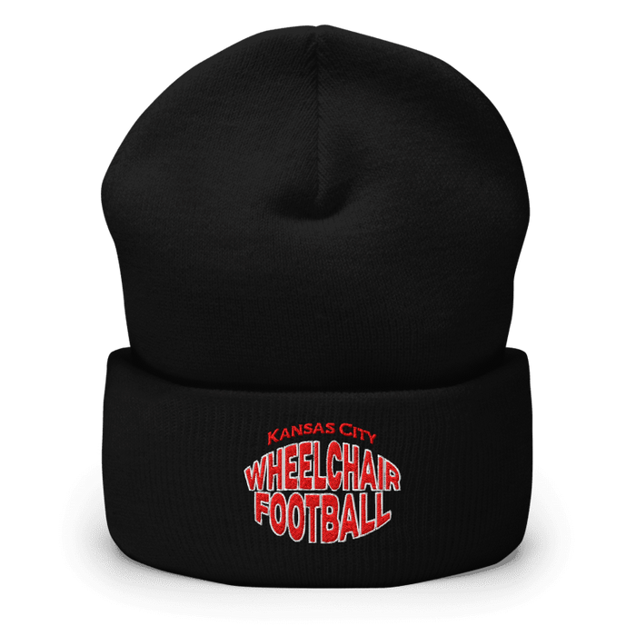 Front angle of the MAS Kansas City Wheelchair Football Warp Black & Red Beanie against a white background