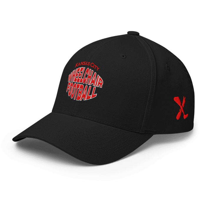 Front left angle of the MAS Kansas City Wheelchair Football Warp Black & Red Flexfit Curved Bill Fitted against a white background