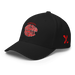 Front left angle of the MAS Kansas City Wheelchair Football Warp Black & Red Flexfit Curved Bill Fitted against a white background