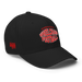 Front right angle of the MAS Kansas City Wheelchair Football Warp Black & Red Flexfit Curved Bill Fitted against a white background