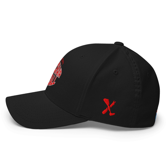 Left side angle of the MAS Kansas City Wheelchair Football Warp Black & Red Flexfit Curved Bill Fitted against a white background