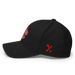 Left side angle of the MAS Kansas City Wheelchair Football Warp Black & Red Flexfit Curved Bill Fitted against a white background