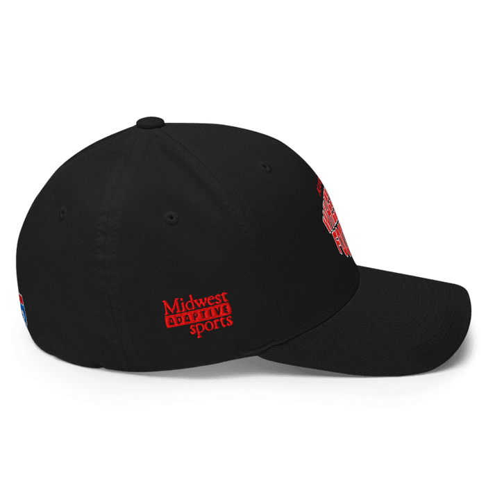 Right side angle of the MAS Kansas City Wheelchair Football Warp Black & Red Flexfit Curved Bill Fitted against a white background