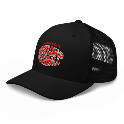 Front left angle of the MAS Kansas City Wheelchair Football Warp Black & Red Curved Bill Trucker Snapback against a white background