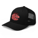 Front left angle of the MAS Kansas City Wheelchair Football Warp Black & Red Curved Bill Trucker Snapback against a white background
