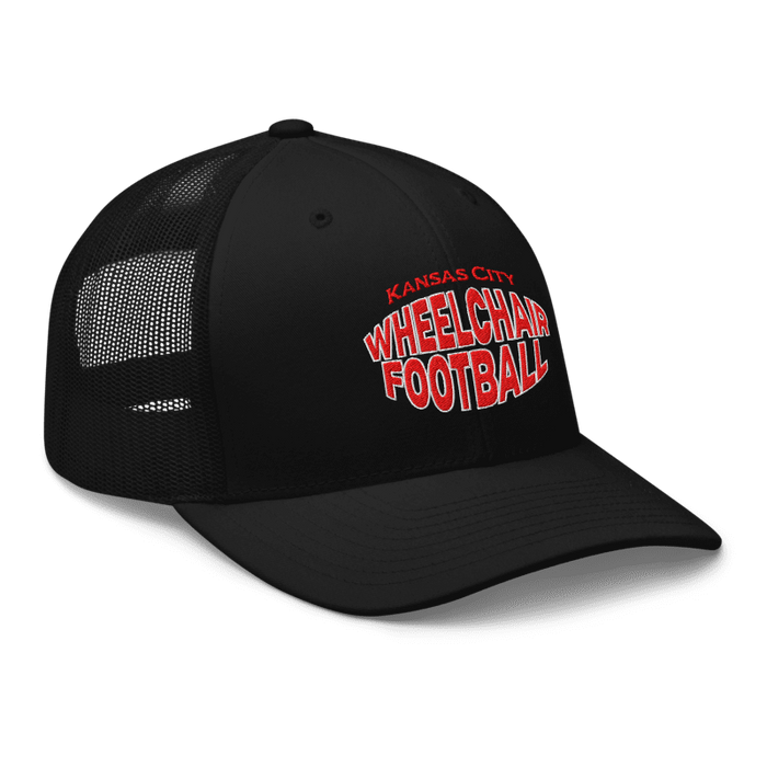 Front right angle of the MAS Kansas City Wheelchair Football Warp Black & Red Curved Bill Trucker Snapback against a white background