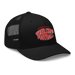 Front right angle of the MAS Kansas City Wheelchair Football Warp Black & Red Curved Bill Trucker Snapback against a white background