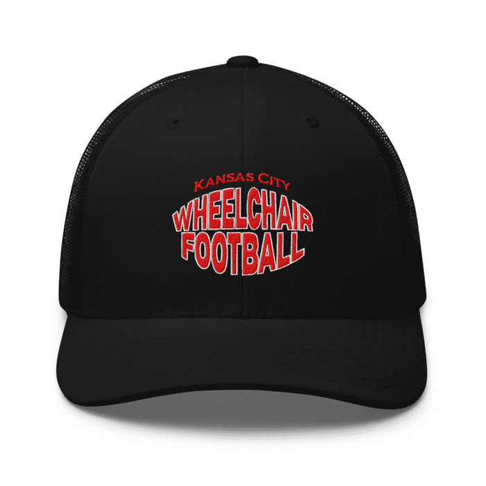 Front angle of the MAS Kansas City Wheelchair Football Warp Black & Red Curved Bill Trucker Snapback against a white background