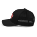Left side angle of the MAS Kansas City Wheelchair Football Warp Black & Red Curved Bill Trucker Snapback against a white background