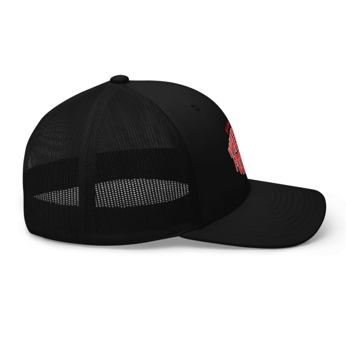 Right side angle of the MAS Kansas City Wheelchair Football Warp Black & Red Curved Bill Trucker Snapback against a white background