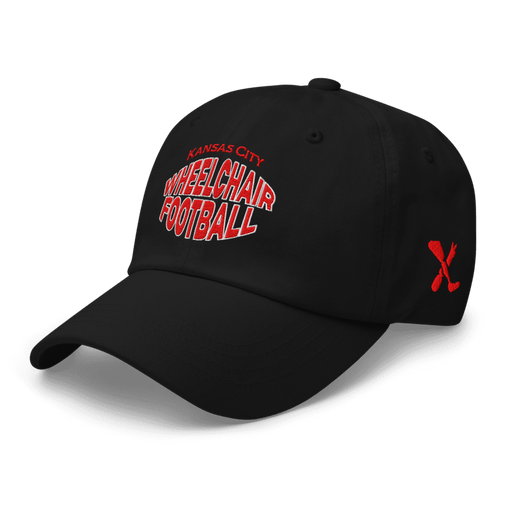 Front left angle of the MAS Kansas City Wheelchair Football Warp Black & Red Dad Hat against a white background