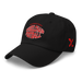 Front left angle of the MAS Kansas City Wheelchair Football Warp Black & Red Dad Hat against a white background