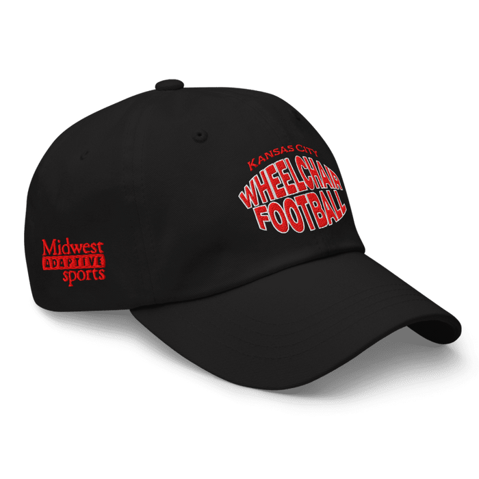 Front right angle of the MAS Kansas City Wheelchair Football Warp Black & Red Dad Hat against a white background