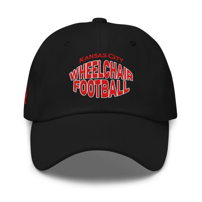 Front angle of the MAS Kansas City Wheelchair Football Warp Black & Red Dad Hat against a white background
