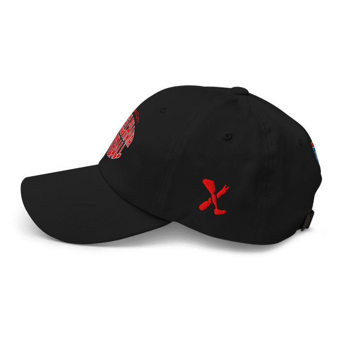 Left side angle of the MAS Kansas City Wheelchair Football Warp Black & Red Dad Hat against a white background
