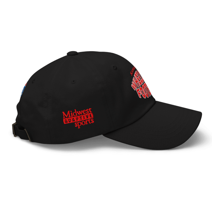 Right side angle of the MAS Kansas City Wheelchair Football Warp Black & Red Dad Hat against a white background