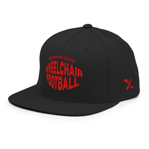 Front left angle of the MAS Kansas City Wheelchair Football Warp Black & Red Flat Bill Snapback against a white background