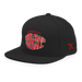 Front left angle of the MAS Kansas City Wheelchair Football Warp Black & Red Flat Bill Snapback against a white background