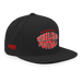 Front right angle of the MAS Kansas City Wheelchair Football Warp Black & Red Flat Bill Snapback against a white background