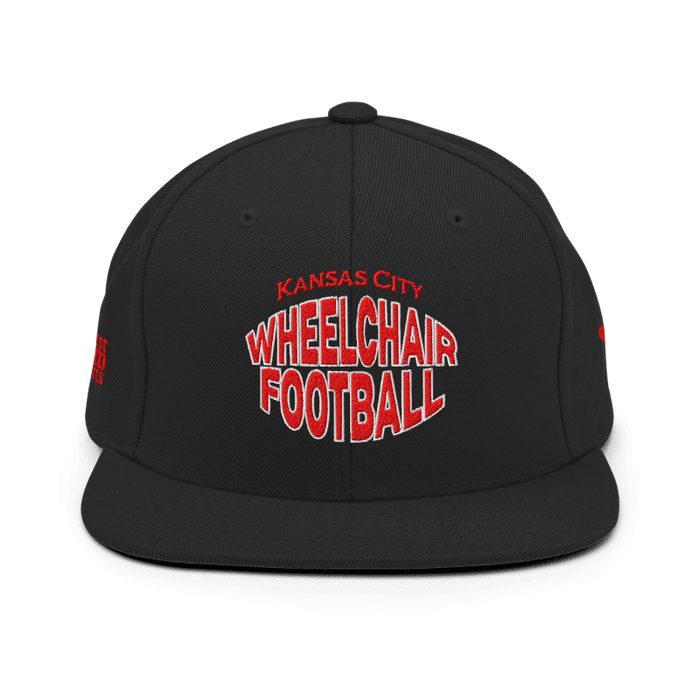 Front angle of the MAS Kansas City Wheelchair Football Warp Black & Red Flat Bill Snapback against a white background