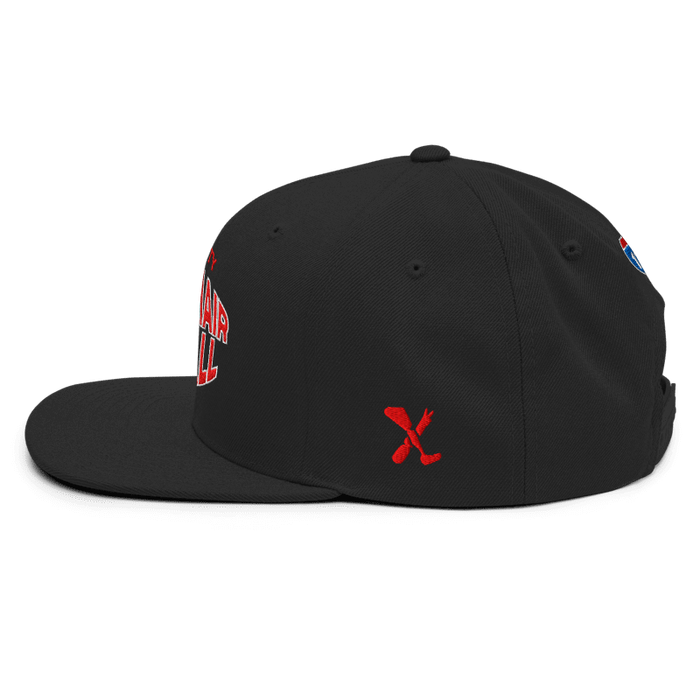 Left side angle of the MAS Kansas City Wheelchair Football Warp Black & Red Flat Bill Snapback against a white background