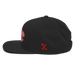 Left side angle of the MAS Kansas City Wheelchair Football Warp Black & Red Flat Bill Snapback against a white background