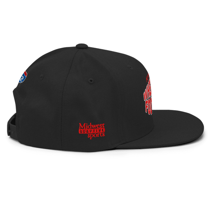 Right side angle of the MAS Kansas City Wheelchair Football Warp Black & Red Flat Bill Snapback against a white background