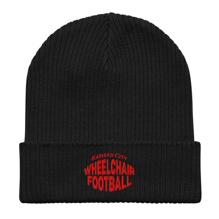 Front angle of the MAS Kansas City Wheelchair Football Warp Black & Red Organic Beanie laid flat against a white background