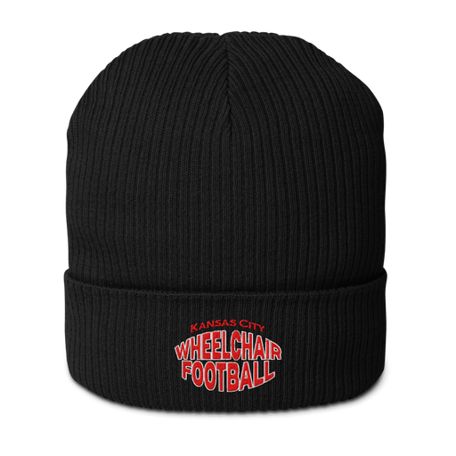 Front angle of the MAS Kansas City Wheelchair Football Warp Black & Red Organic Beanie against a white background