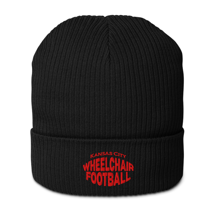 Front angle of the MAS Kansas City Wheelchair Football Warp Black & Red Organic Beanie against a white background