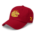 Front left angle of the MAS Kansas City Wheelchair Football Warp Cranberry & Gold Dad Hat against a white background
