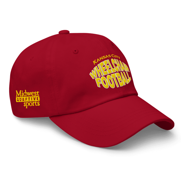 Front right angle of the MAS Kansas City Wheelchair Football Warp Cranberry & Gold Dad Hat against a white background