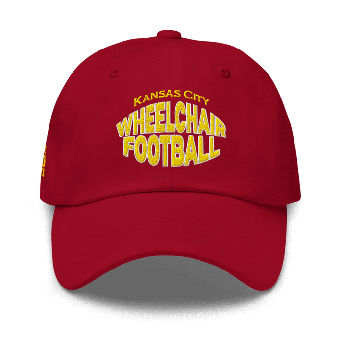 Front angle of the MAS Kansas City Wheelchair Football Warp Cranberry & Gold Dad Hat against a white background