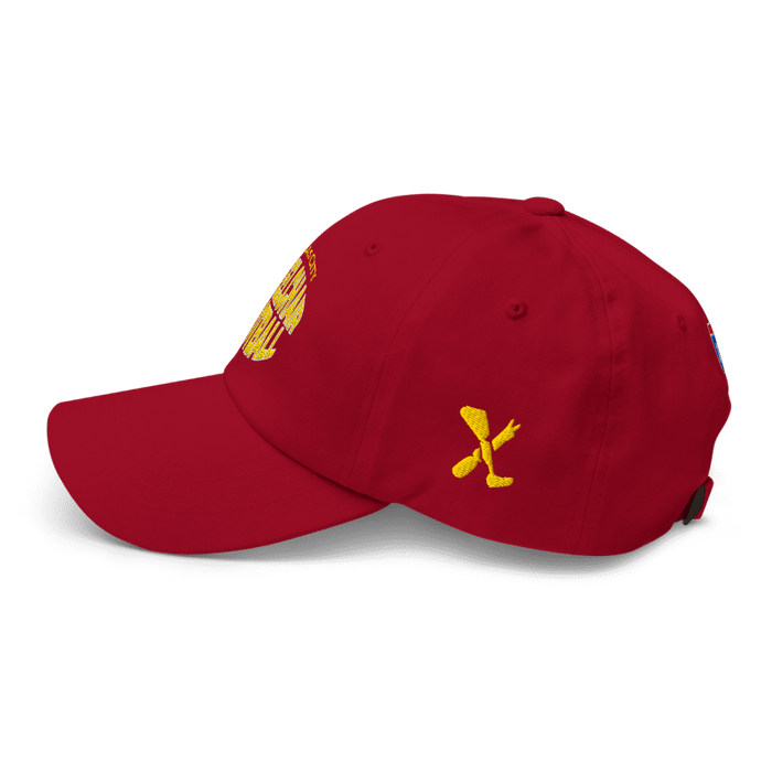 Left side angle of the MAS Kansas City Wheelchair Football Warp Cranberry & Gold Dad Hat against a white background