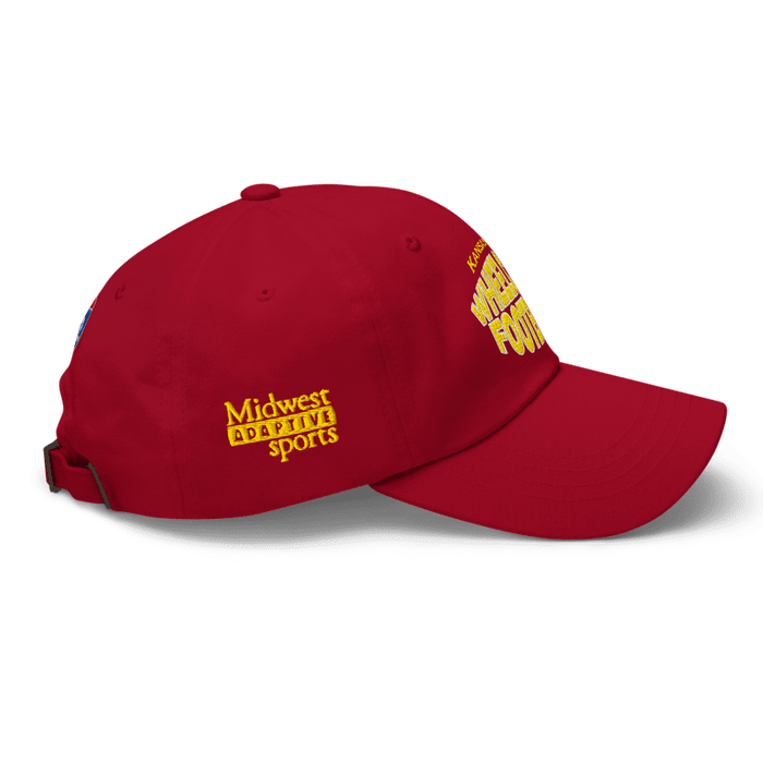 Right side angle of the MAS Kansas City Wheelchair Football Warp Cranberry & Gold Dad Hat against a white background