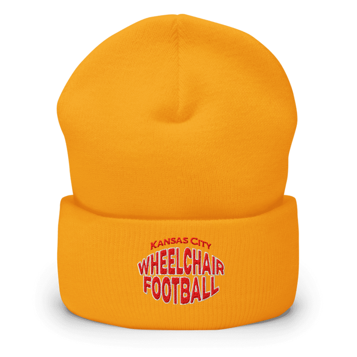 Front angle of the MAS Kansas City Wheelchair Football Warp Gold & Red Beanie against a white background