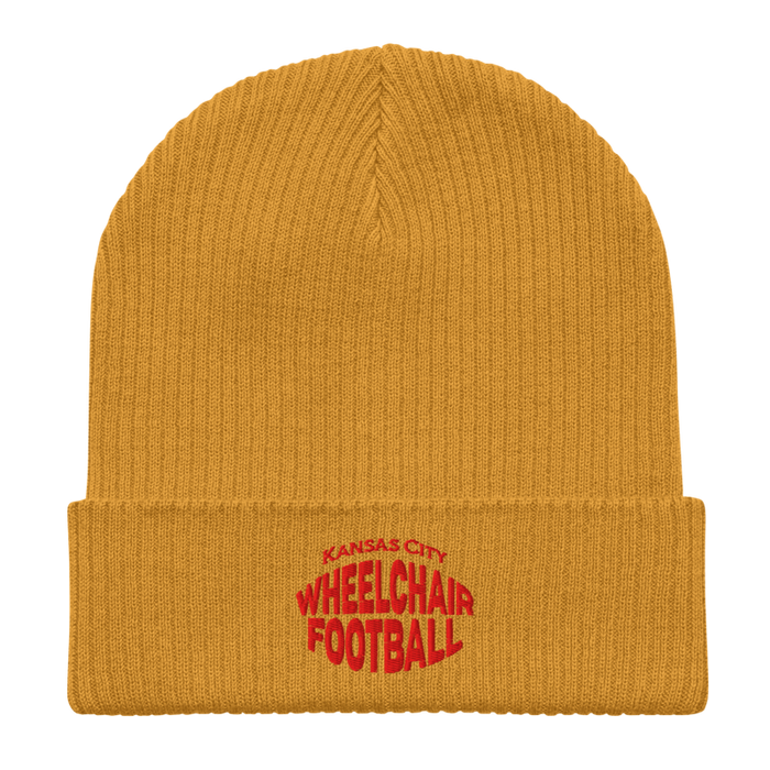 Front angle of the MAS Kansas City Wheelchair Football Warp Mustard Yellow & Red Organic Beanie laid flat against a white background