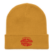 Front angle of the MAS Kansas City Wheelchair Football Warp Mustard Yellow & Red Organic Beanie laid flat against a white background