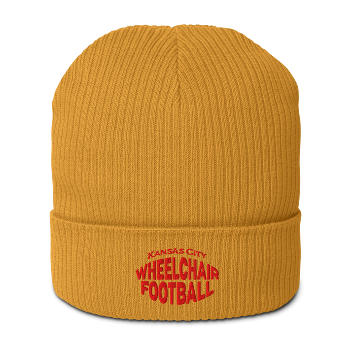 Front angle of the MAS Kansas City Wheelchair Football Warp Mustard Yellow & Red Organic Beanie against a white background