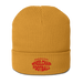 Front angle of the MAS Kansas City Wheelchair Football Warp Mustard Yellow & Red Organic Beanie against a white background