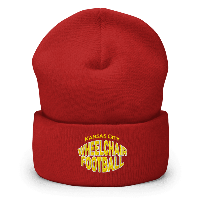Front angle of the MAS Kansas City Wheelchair Football Warp Red & Gold Beanie against a white background