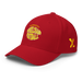 Front left angle of the MAS Kansas City Wheelchair Football Warp Red & Gold Flexfit Curved Bill Fitted against a white background