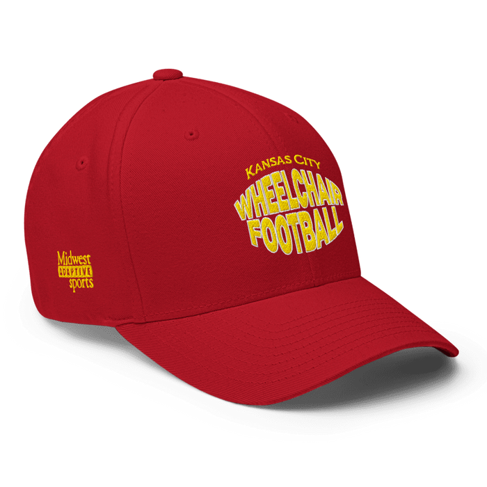 Front right angle of the MAS Kansas City Wheelchair Football Warp Red & Gold Flexfit Curved Bill Fitted against a white background